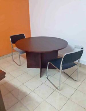 2-Seater Round Dining Table Set – Mahogany Top + Chrome Black Chairs 2-Seater Round Dining Table Set – Mahogany Top + Chrome Black Chairs