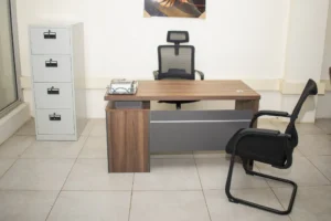 Executive office desk set with wooden desk, ergonomic mesh chair, visitor chair, and 4-drawer filing cabinet