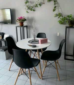 4-Seater Round Dining Table Set 4-Seater Round Dining Table Set – White Top + Black Chairs Wood Legs | Small Space Modern Kitchen