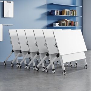 White Flip-Top Mobile Nesting Training Tables Stacked Vertically on Wheels in Modern Office Setting training folding table with metal legs used in office classroom and conference setup