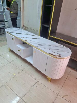 Marble Top TV Stand with drawers and open shelves for media storage