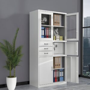 Maximize organization with the Nerhaven white office cabinet: glass display doors, adjustable shelves, 3 drawers, built-in safe, lockable compartments. Ideal for offices & homes Maximize organization with the Nerhaven white office cabinet: glass display doors, adjustable shelves, 3 drawers, built-in safe, lockable compartments. Ideal for offices & homes
