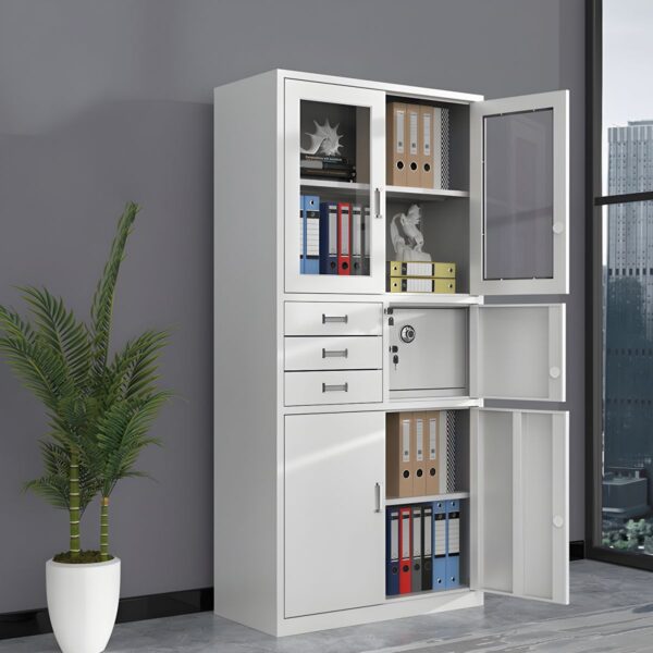 Maximize organization with the Nerhaven white office cabinet: glass display doors, adjustable shelves, 3 drawers, built-in safe, lockable compartments. Ideal for offices & homes Maximize organization with the Nerhaven white office cabinet: glass display doors, adjustable shelves, 3 drawers, built-in safe, lockable compartments. Ideal for offices & homes