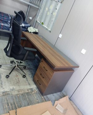 Modern Office Desk & Ergonomic Chair Set – Walnut Top Gray Base 3 Drawers | Home Workstation Modern Office Desk & Ergonomic Chair Set – Walnut Top Gray Base 3 Drawers | Home Workstation
