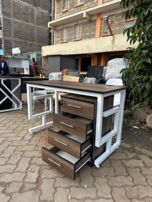 Modern Walnut Desk with White Geometric Frame and 4 Lockable Drawers Modern Walnut Desk with White Geometric Frame and 4 Lockable Drawers