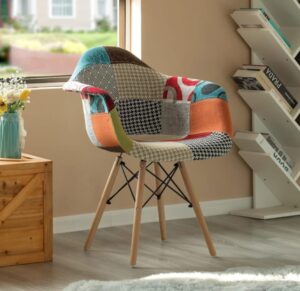Patchwork Fabric Accent Chair – Multicolor Eames-Style Armchair Wood Legs Patchwork Fabric Accent Chair – Multicolor Eames-Style Armchair Wood Legs
