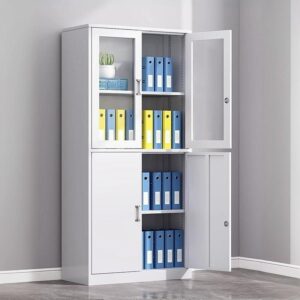 White Glass Door Office Cabinet – Tall Storage with Adjustable Shelves & Lockable Compartments White Glass Door Office Cabinet – Tall Storage with Adjustable Shelves & Lockable Compartments