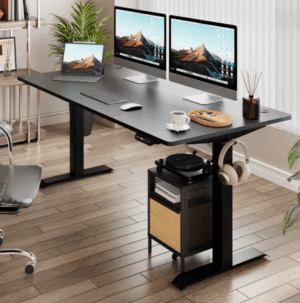 Modern Adjustable Standing Desk, Adjustable standing desk with dual monitors, laptop, storage shelf, and modern home office setup