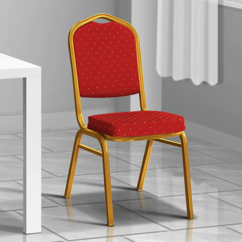 Red banquet conference chair with cushioned seat and metal frame