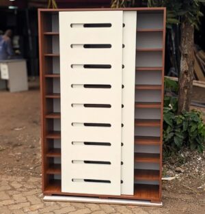 Wooden shoe storage cabinet with multiple shelves and elegant natural wood finish