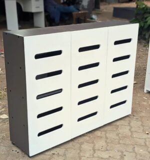3 Door Shoe Rack in neutral finish with three compartments, holding shoes