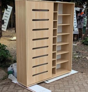 Modern home shoerack with multiple shelves and sleek contemporary wooden finish in entryway