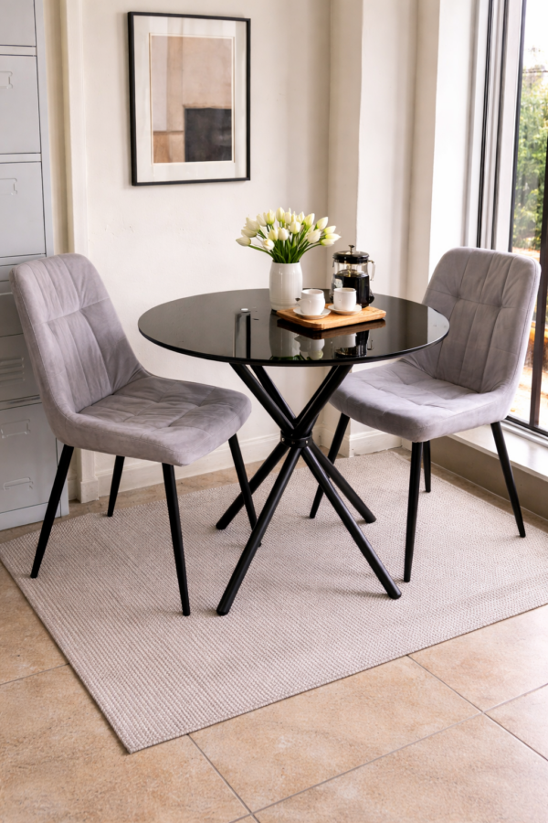modern 2-seater dining set with glass top table and chairs