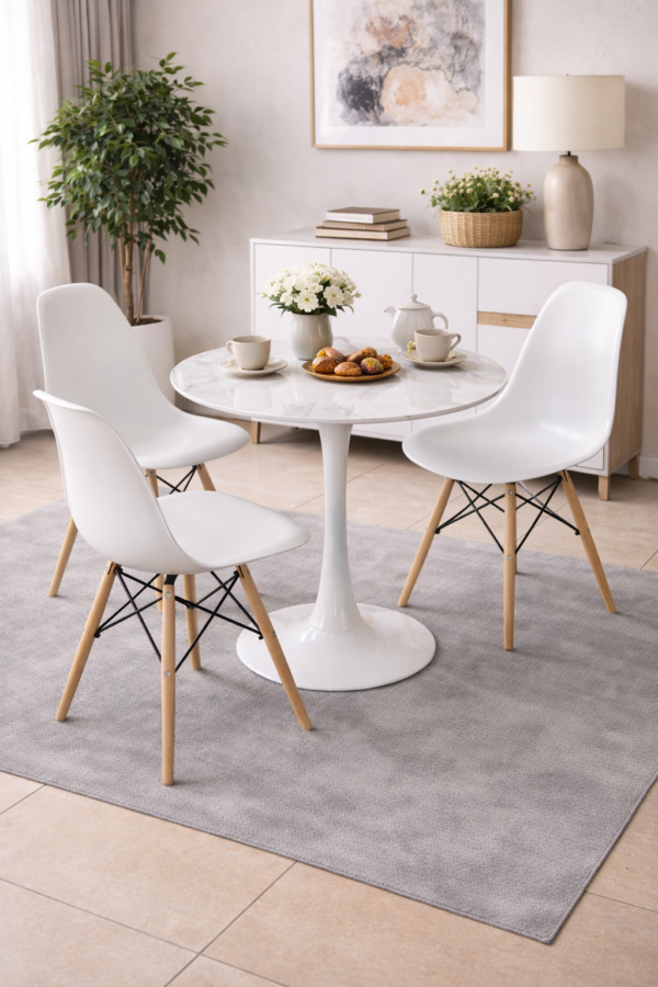 home 3-seater dining set with round marble top table and plastic chairs