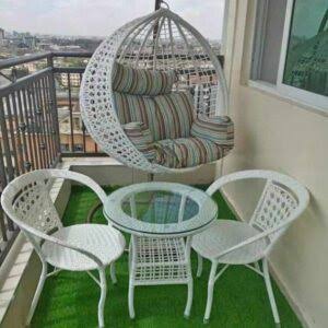 2-Seater Rattan Balcony Set with cushioned chairs and matching table for outdoor patio and balcony use